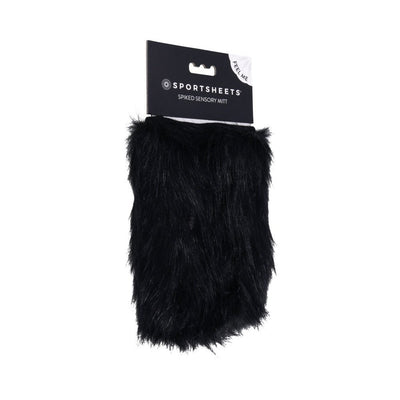 Black faux fur sensory mitt with hidden spikes, packaged with Sportsheets branding for tactile play.