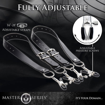 Black adjustable labia spreader straps with metal clamps and pressure screws, shown on a black background with size details.