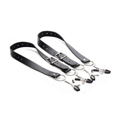 Black adjustable PU leather thigh straps with metal clamps featuring rubber tips and thumb screws for pressure control.