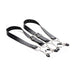 Black adjustable PU leather thigh straps with metal clamps featuring rubber tips and thumb screws for pressure control.