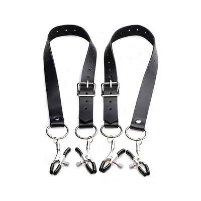 Black adjustable PU leather thigh straps with metal clamps featuring rubber tips and thumb screws for pressure control.