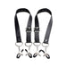 Black adjustable PU leather thigh straps with metal clamps featuring rubber tips and thumb screws for pressure control.