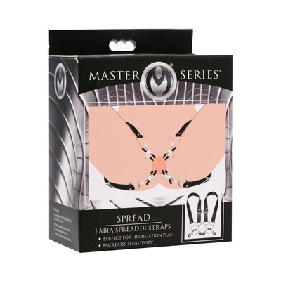 Packaging box for Master Series Spread Labia Spreader Straps with clamps, black adjustable BDSM thigh straps shown on illustration.