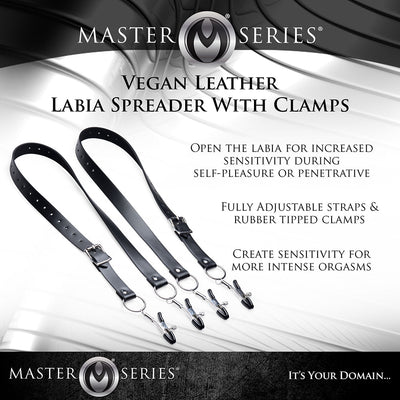 Black vegan leather adjustable labia spreader straps with rubber-tipped metal clamps on a white background.