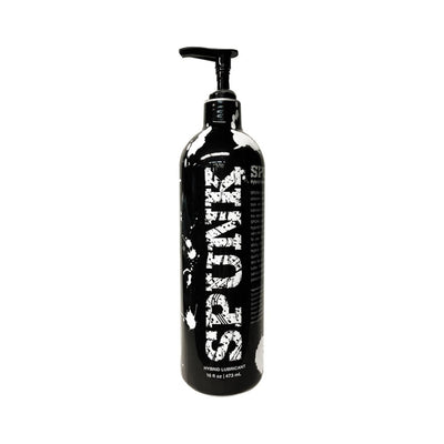 Black pump bottle of Spunk Lube Hybrid personal lubricant with white splatter design and bold text on label.