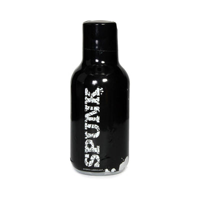 Black bottle of Spunk Lube Hybrid personal lubricant with white distressed logo on front against white background.