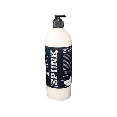 Bottle of Spunk Lube Hybrid personal lubricant with black pump and label on white background