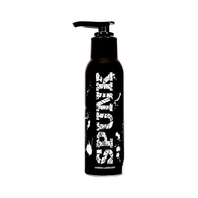 Black pump bottle of Spunk Lube Hybrid personal lubricant with white distressed text on label.