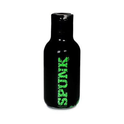 Black bottle of Spunk Lube Pure Silicone lubricant with green vertical logo on white background