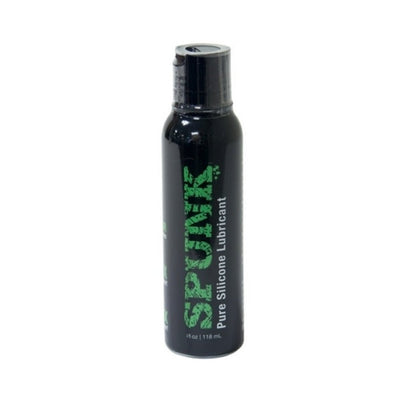 Black bottle of Spunk Lube Pure Silicone lubricant with green and white text, 4 fl oz size.