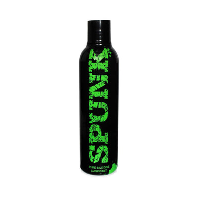 Black bottle of Spunk Lube Pure Silicone lubricant with bold green text on a white background.