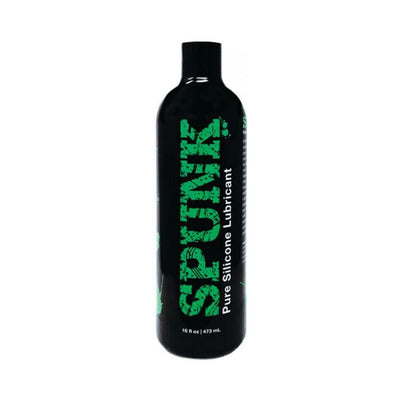 Black bottle of Spunk Lube Pure Silicone lubricant with green and white text, 16 oz size.