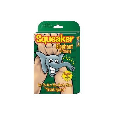 Packaging of Squeaker Elephant G-String featuring cartoon elephant design and playful text on green background.