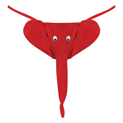 Red elephant-themed G-string with large ears, expressive eyes, and a playful trunk-shaped front sleeve.