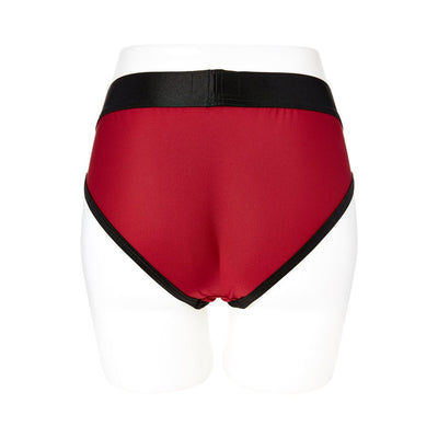 Back view of red and black EmEx contour harness with elastic waistband on mannequin.