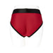 Back view of red and black EmEx contour harness with elastic waistband on mannequin.