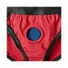 Close-up of red and black EmEx Contour Harness with central circular opening and elastic waistband detailing.