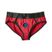 Red and black sporty contour harness brief with a central circular opening and elastic waistband in size XS.