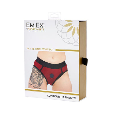 Packaging of EmEx Contour Harness in red and black, featuring active harness wear with a nitrile O-ring design.