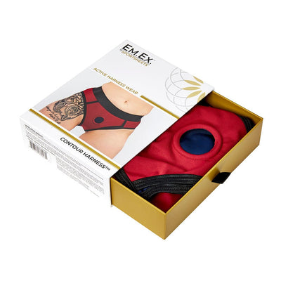 Red and black EmEx Contour Harness in gold and white branded packaging with product image and details.