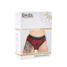 Packaging of Em.Ex Contour Harness in red and black, showing front view of harness worn on model with tattooed thigh.