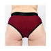 Back view of a person wearing a maroon and black EmEx contour harness in size XS.