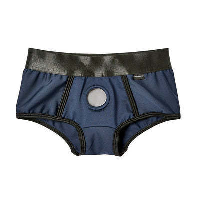 Navy blue and black EmEx Fit Harness with elastic waistband and central O-ring detail in size XS.