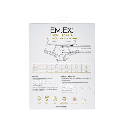 Packaging back of Em.Ex active harness wear by Sportsheets with size chart, features, and product description.