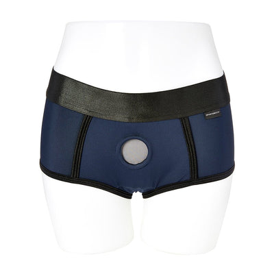Navy blue and black EmEx Fit Harness in XS with elastic waistband and central O-ring on white mannequin.