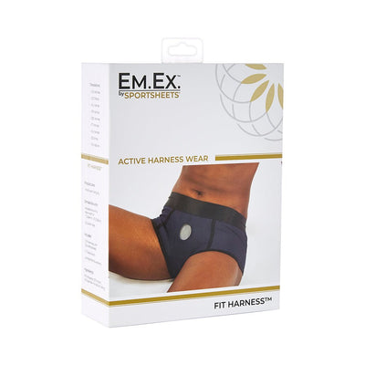 Packaging of Em.Ex Fit Harness by Sportsheets showing a model wearing the black active harness shorts with a nitrile O-ring.