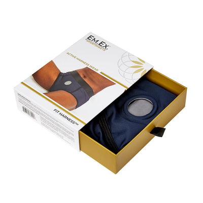 Em.Ex Fit Harness in navy blue with nitrile O-ring, displayed in partially open gold and white box packaging.