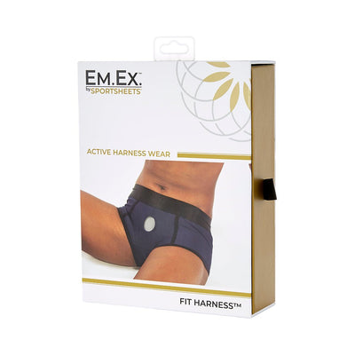Packaging of Em.Ex by Sportsheets active fit harness in navy with black waistband shown on model.