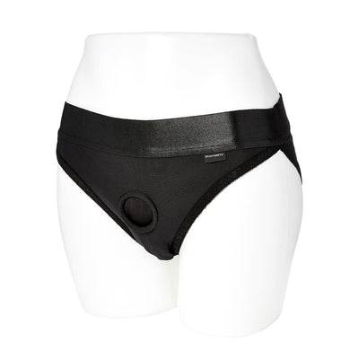 Black EmEx silhouette harness with elastic waistband and built-in O-ring displayed on white mannequin.