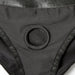 Close-up of black Ss Em.ex. Silhouette Harness featuring a central reinforced O-ring and lace-trimmed edges.