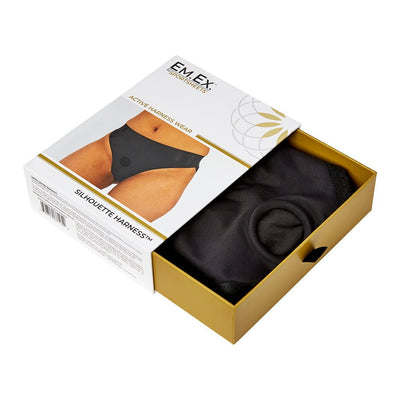 EmEx Silhouette Harness in black, neatly folded in gold and white branded packaging box.