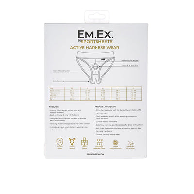 Back packaging of Em.Ex Silhouette Harness by Sportsheets showing size chart, features, and product description details.