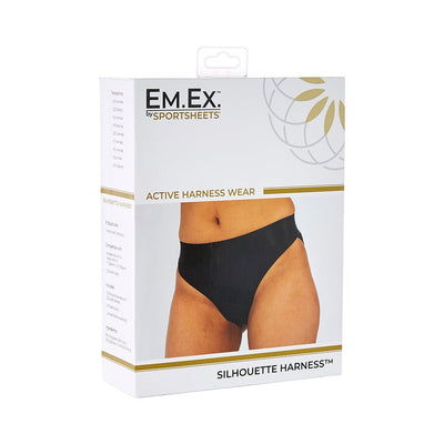 Packaging of Em.Ex Silhouette Harness by Sportsheets showing a black high-cut active harness wear on a model.