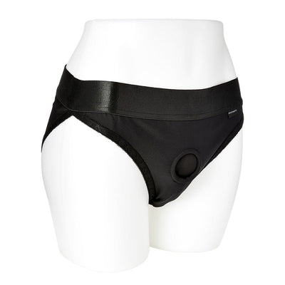 Black EmEx silhouette harness with elastic waistband and front O-ring on white mannequin.