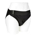Black EmEx silhouette harness with elastic waistband and front O-ring on white mannequin.