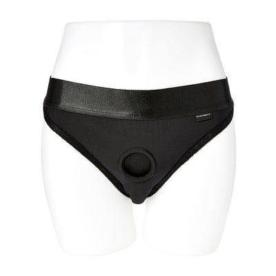 Black EmEx silhouette harness with elastic waistband and central O-ring on white mannequin.