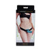 Packaging of Sportsheets Montero Strap-On Harness in black, shown worn with a blue insertable accessory, model in black lingerie.