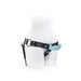 Black adjustable strap-on harness displayed on a white mannequin with a blue silicone insertable attachment.