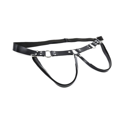 Black adjustable strap-on harness with silver hardware and multiple O-ring attachments on white background.