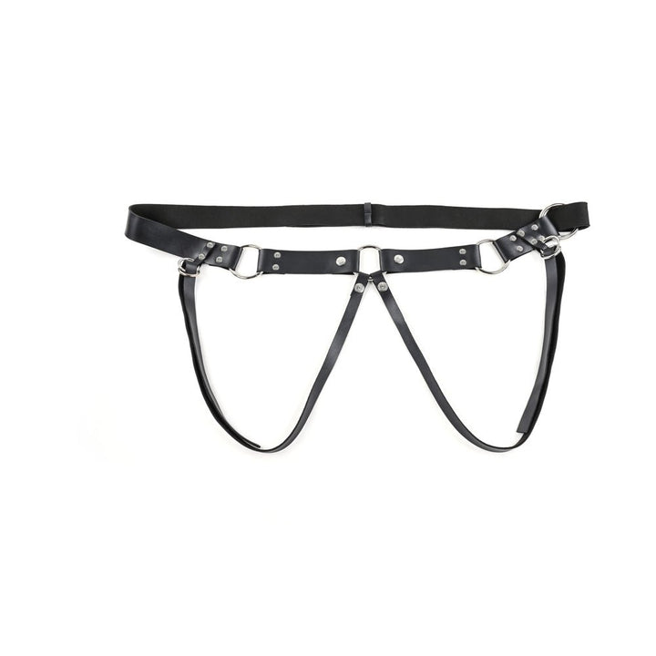 Black adjustable faux leather strap-on harness with silver hardware and multiple O-ring attachments.