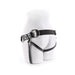 Black adjustable faux leather strap-on harness with silver hardware displayed on a white mannequin torso.