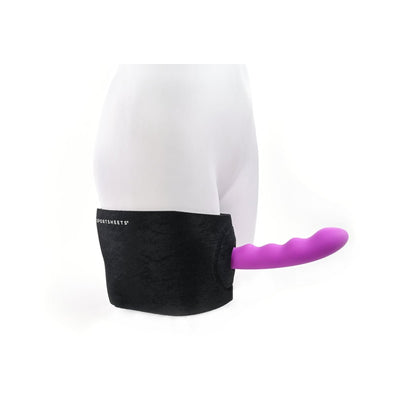 Black neoprene Sportsheets Ultra Thigh Strap-On Harness displayed on a mannequin with a purple textured attachment inserted.