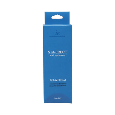 Blue box packaging of Sta-Erect Delay Cream with pheromone, designed to enhance performance and satisfaction.