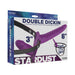 Purple dual dildo strap-on with adjustable black harness displayed on Stardust branded packaging.