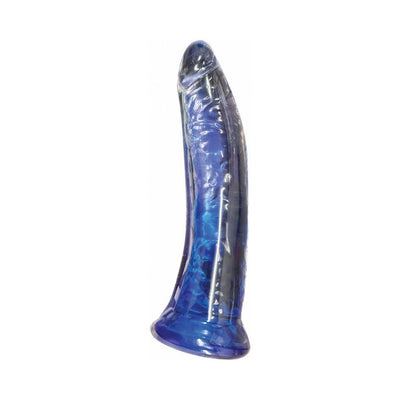 Crystal blue 8-inch textured jelly dildo with strong suction base for hands-free use and harness compatibility.