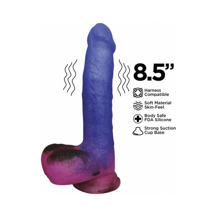 8.5-inch Stardust Milky Way dildo in purple and pink with vibration, harness compatible, soft silicone, and suction cup base.